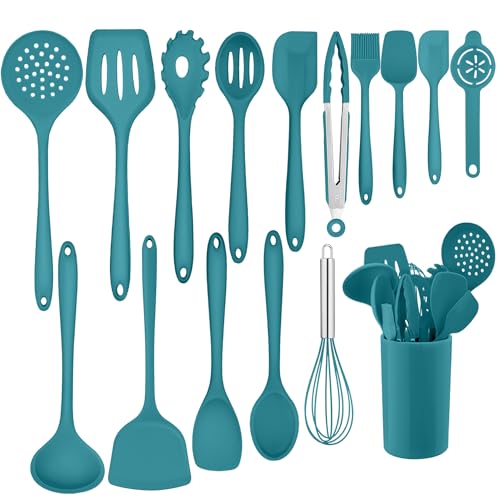 Homikit Küchenhelfer Set, 16 Stück Silikon Küchenutensilien, Kochutensilien Set mit Utensilienhalter, Hitzebeständiger Kochbesteck, Gesund & Antihaft, Spülmaschinengeeignet, Blau von Homikit