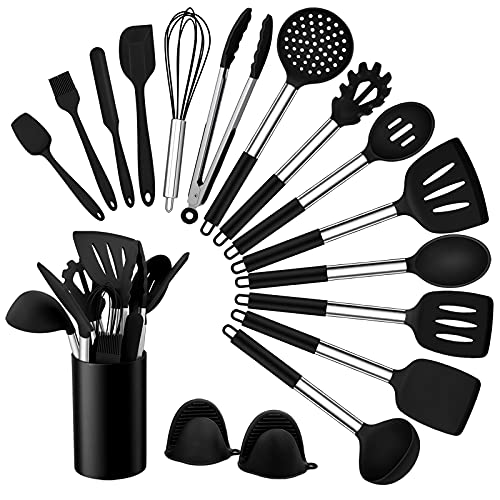 Homikit Küchenhelfer Set, 17 Stück Silikon küchenutensilien Kochutensilien Set, Antihaft Hitzebeständiger Kochbesteck Set mit Edelstahlgriff, Gesund & Langlebig, Spülmaschinengeeignet, Schwarz von Homikit