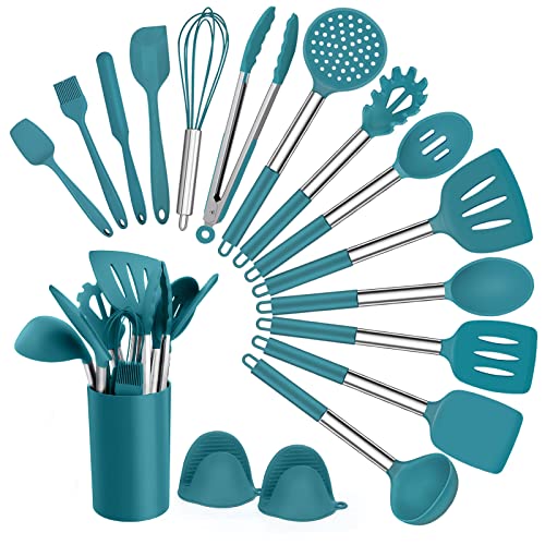 Homikit Küchenhelfer Set, 17-teilig Silikon Kochutensilien Küchengeräte Set mit Edelstahlgriff, Antihaft Hitzebeständiger Kochbesteck, Gesund & Langlebig, Spülmaschinengeeignet, Blau von Homikit