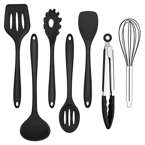 Homikit Küchenhelfer Set, 7 Stück Schwarz Silikon Küchenutensilien Kochbesteck set, Antihaft Hitzebeständiger Kochutensilien set mit Pfannenwender zum Kochen, Backen, Gesund/Spülmaschinenfest von Homikit