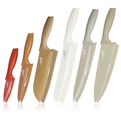 Homikit Küchenmesser Set 6-teilig, Edelstahl Messer Set mit Schutzhülle, 6 Scharfes Messerset Kochmesser Fleischmesser Allzweckmesser für Schneiden Zerhacken, Antihaftbeschichtet & Rostfrei, Bunt von Homikit
