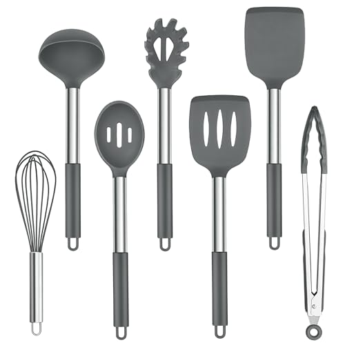 Homikit Küchenutensilien, 7 Stück Silikon Küchenhelfer Kochutensilien Set mit Edelstahlgriff, Antihaft Hitzebeständiger Kochbesteck zum Kochen, Lebensmittelqualität, Spülmaschinenfest, Grau von Homikit