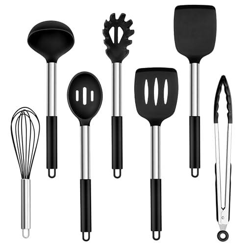 Homikit Küchenhelfer, 7 Stück Silikon Küchenutensilien Kochutensilien Set mit Edelstahlgriff, Schwarz Antihaft Hitzebeständiger Kochbesteck zum Kochen, Ungiftig, Leicht zu Reinigen & Spülmaschinenfest von Homikit