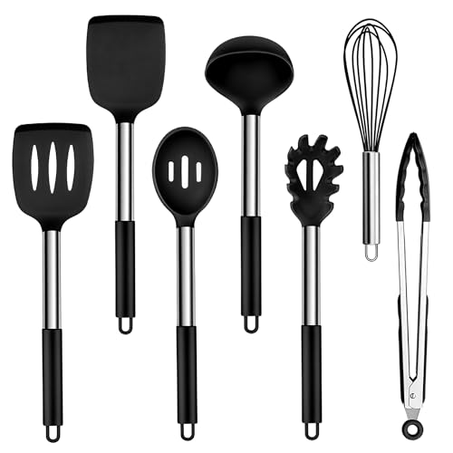 Homikit Küchenhelfer, 7 Stück Silikon Küchenutensilien Kochutensilien Set mit Edelstahlgriff, Schwarz Antihaft Hitzebeständiger Kochbesteck zum Kochen, Ungiftig, Leicht zu Reinigen & Spülmaschinenfest von Homikit