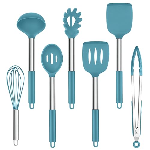 Homikit Küchenutensilien Set, 7 Stück Silikon Küchenhelfer Kochutensilien Set mit Edelstahlgriff, Antihaft Hitzebeständiger Kochgeschirr zum Kochen, Ungiftig, Spülmaschinenfest, Blau von Homikit