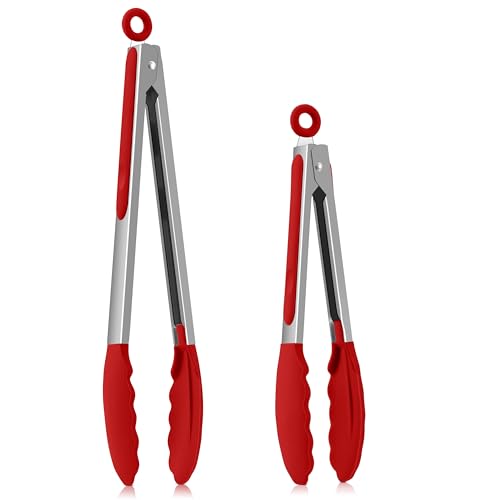 Homikit Küchenzange, 2 Stück Edelstahl Kochzange Grillzange Set mit Hitzebeständige Silikongriff & Antihaft Silikonspitze, 30,3 & 23,7cm Fleischzange mit Verriegelung zum Kochen Grillen Servieren, Rot von Homikit