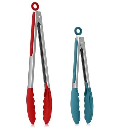 Homikit Küchenzange, Edelstahl Kochzange Grillzange 2er Set mit Hitzebeständige Silikongriff, Fleischzange mit Verriegelung zum Kochen Grillen Servieren, Antihaft Silikonspitze, 30,3cm Rot/23,7cm Blau von Homikit