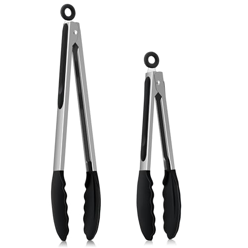 Homikit Küchenzange, Edelstahl Kochzange Grillzange 2er Set mit Hitzebeständige Silikongriff, Schwarz Antihaft Silikonspitze, 30,3cm & 23,7cm Fleischzange mit Verriegelung zum Kochen Grillen Servieren von Homikit