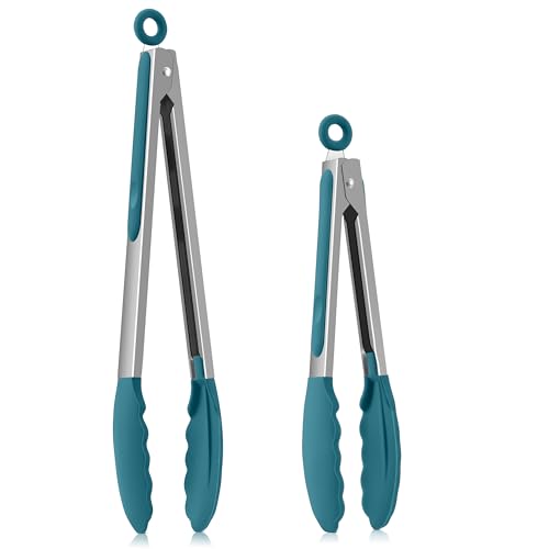 Homikit Küchenzange 2er Set, Kochzange Grillzange aus Edelstahl mit Hitzebeständige Silikongriff, Antihaft Silikonspitze, 30,3 & 23,7cm Fleischzange mit Verriegelung zum Kochen Grillen Servieren, Blau von Homikit