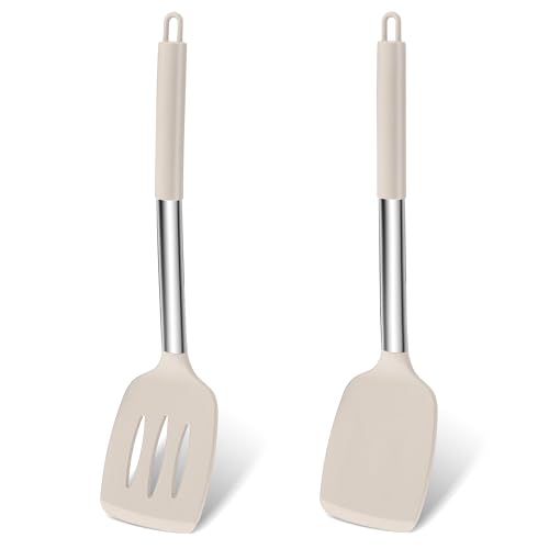 Homikit Pfannenwender, Silikon Küchenhelfer mit Edelstahlgriff, Khaki Küchenutensilien 2er Set, Hitzebeständig Kochen Geschlitzt Pfannenwender Spatel von Homikit