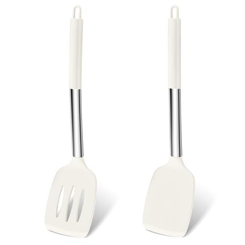 Homikit Pfannenwender 2er Set, Silikon Küchenhelfer mit Edelstahlgriff, Weiß Küchenutensilien, Hitzebeständig Kochen Geschlitzt Pfannenwender Spatel von Homikit