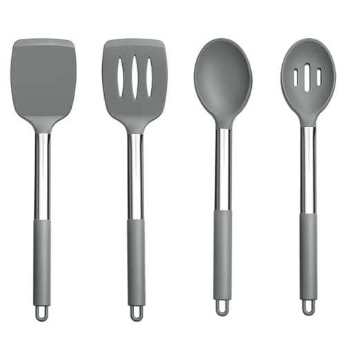 Homikit Pfannenwender Kochlöffel, 4 Stück Silikon Küchenhelfer Küchenutensilien Set mit Edelstahlgriff, Hitzebeständig Kochbesteck Set, Gesund & Spülmaschinenfest - Grau von Homikit