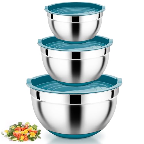Homikit Rührschüssel Set, 3 Stück Edelstahl Schüssel Salatschüssel mit Deckel & Silikonboden für Küche/Servieren, Stapelbar, 1L / 2,5L / 4,5L, Blau von Homikit