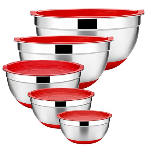 Homikit Rührschüssel Set, 5-teilig Salatschüssel Schüssel Set aus Edelstahl, mit Rot Deckel und Silikonboden, Multifunktional, Stapelbar, Spülmaschinenfest, 6.6L / 3.5L / 2.5 L / 1.5L / 1L von Homikit