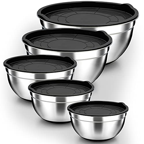 Homikit Rührschüssel Set, 5-teilig Salatschüssel Schüssel Set aus Edelstahl, mit Schwarz Deckel und Silikonboden, Multifunktional, Stapelbar, Spülmaschinenfest, 6.6L / 3.5L / 2.5L / 1.5L / 1L von Homikit