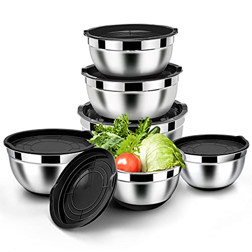 Homikit Rührschüssel Set, 6 Stück Edelstahl Schwarz Schüssel Salatschüssel Set mit Luftdichtem Deckel & Silikonboden, Stapelbar, Spülmaschinenfest, 4.6L/2.8L/2.5L/1.6L/1.5L/0.7L von Homikit