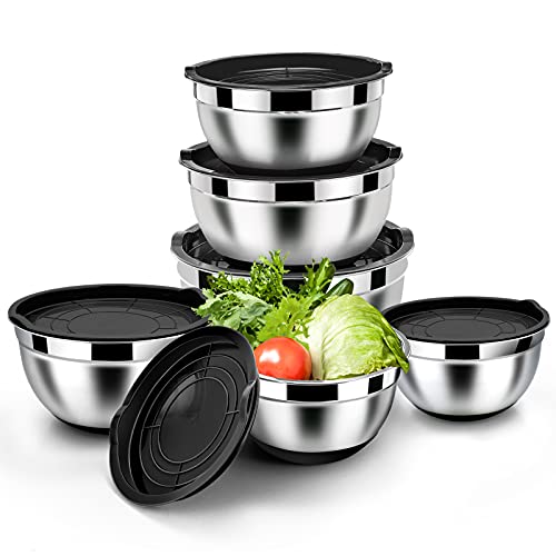 Homikit Rührschüssel Set, 6 Stück Edelstahl Schwarz Schüssel Salatschüssel Set mit Luftdichtem Deckel & Silikonboden, Stapelbar, Spülmaschinenfest, 4.6L/2.8L/2.5L/1.6L/1.2L/0.7L von Homikit