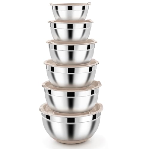 Homikit Rührschüssel Set, Edelstahl Schüssel Salatschüssel 6er Set mit Luftdichtem Deckel & Khaki Silikonboden, Stapelbar, 4.6L/2.8L/2.5L/1.6L/1.2L/0.7L von Homikit
