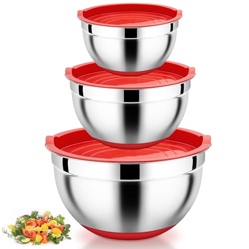 Homikit Rührschüssel mit Deckel, 3-teilig Edelstahl Schüssel Salatschüssel Set für Küche, 1L / 2,5L / 4,5L, Spülmaschinenfest, Stapelbar, Rot von Homikit