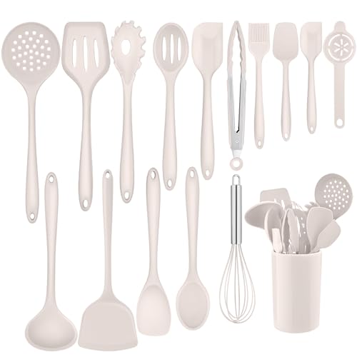 Homikit Silikon Küchenhelfer, 16-teilig Khaki Küchenutensilien mit Utensilienhalter, Hitzebeständiger Kochbesteck Kochutensilien Set, Küchen Kochgeschirr, Spülmaschinengeeignet von Homikit