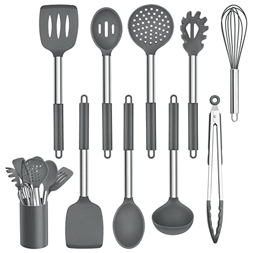 Homikit Silikon Küchenhelfer Set, 10-teiliges Küchenutensilien Kochutensilien Set mit Edelstahlgriff, Antihaft Hitzebeständiger Kochgeschirr Set, Spülmaschinenfest, Grau von Homikit