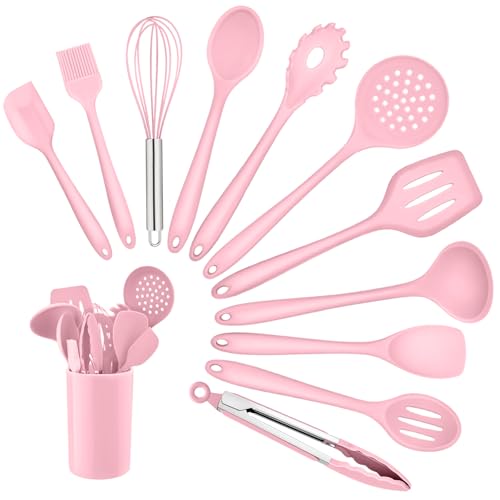 Homikit Silikon Küchenhelfer Set, 12 Stück Kochutensilien Kochgeschirr, Hitzebeständiger Rosa Kochbesteck Set mit Utensilienhalter, Gesund & Antihaft, Spülmaschinengeeignet von Homikit