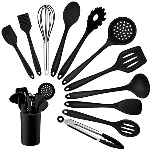 Homikit Silikon Küchenhelfer Set, 12 Stück Schwarz Kochutensilien Kochgeschirr, Hitzebeständiger Kochbesteck Set mit Utensilienhalter, Gesund & Antihaft, Spülmaschinengeeignet von Homikit