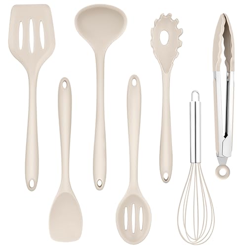 Homikit Silikon Küchenhelfer Set, 7 Stück Hitzebeständiger Küchenutensilien Kochbesteck, Antihaft Kochutensilien Kochgeschirr Set zum Kochen,Gesund/Spülmaschinenfest, Khaki von Homikit