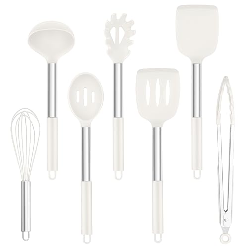 Homikit Silikon Küchenhelfer Set, 7-Teiliges Antihaft Kochutensilien Kochbesteck mit Edelstahlgriff, Hitzebeständiger Küchenutensilien zum Kochen, Leicht zu Reinigen & Spülmaschinenfest, Weiß von Homikit