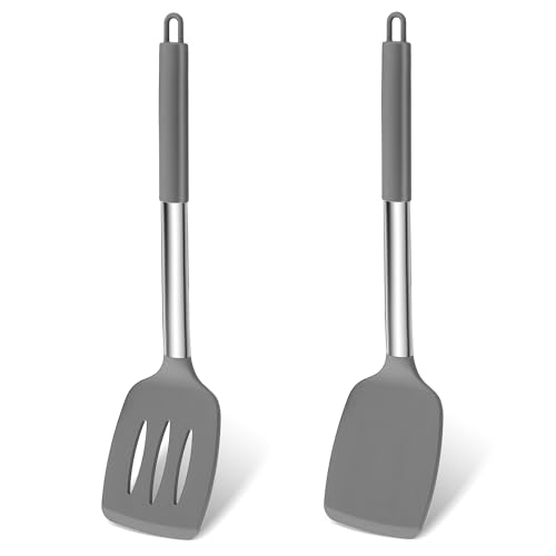 Homikit Silikon Pfannenwender, Hitzebeständig Küchenhelfer Küchenutensilien 2er Set mit Edelstahlgriff, Geschlitzt Pfannenwender Spatel Kochgeschirr für Fisch/Eier/Pfannkuchen, Spülmaschinenfest, Grau von Homikit
