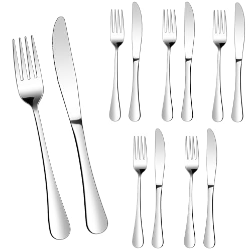 Homikit Steakbesteck Set, 12-teilig Edelstahl Steakmesser und Steakgabel, Steakbesteck Set für 6 Personen, Silber Besteckset mit Rund Griff für Haus Restaurant Hotel, Rostfreie & Spülmaschinenfest von Homikit