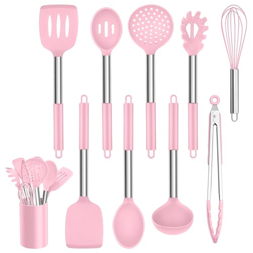 Küchenhelfer Set, Homikit 10 Stück Silikon Küchenutensilien Kochbesteck Set mit Edelstahlgriff, Antihaft Hitzebeständiger Rosa Kochutensilien Set, Gesund, Spülmaschinenfest von Homikit