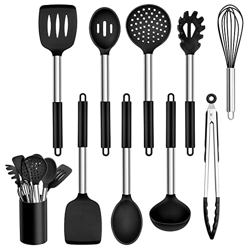 Küchenhelfer Set, Homikit 10 Stück Silikon Küchenutensilien Kochbesteck Set mit Edelstahlgriff, Antihaft Hitzebeständiger Schwarz Kochutensilien Set, Gesund, Spülmaschinenfest von Homikit