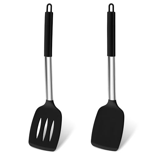 Homikit Pfannenwender, Silikon Küchenhelfer Küchenutensilien mit Edelstahlgriff, Hitzebeständig Geschlitzt Schwarz Pfannenwender Spatel Kochbesteck 2er Set zum Kochen Backen Wenden, Spülmaschinenfest von Homikit