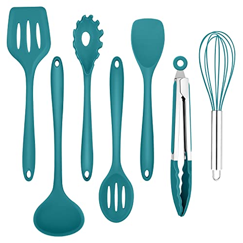 Homikit Silikon Küchenhelfer Set, 7-teiliges Hitzebeständiger Küchenutensilien Kochgeschirr set, Antihaft Kochbesteck Kochutensilienset zum Kochen, Backen, Gesund/Spülmaschinenfest, Blau von Homikit