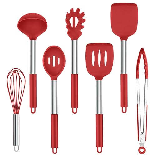 Homikit Silikon Küchenhelfer Set, 7-teiliges Küchenutensilien Kochgeschirr Set mit Edelstahlgriff, Antihaft Hitzebeständiger Kochutensilien, Giftfrei, Leicht zu Reinigen & Spülmaschinenfest, Rot von Homikit