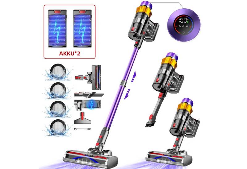 Homimaster Akku-Hand-und Stielstaubsauger Akku Staubsauger,55KPa Akkusauger, Kabelloser Staubsauger, HEPA*4, 550W handstaubsauger mit akku, Staubsauger mit 2200mAh Langzeitakku, Bis zu 70*2 Min Laufzeit, 1.6L Staubbehälter, Kabelloser Staubsauger für Tierhaare, Teppich und Hartböden von Homimaster