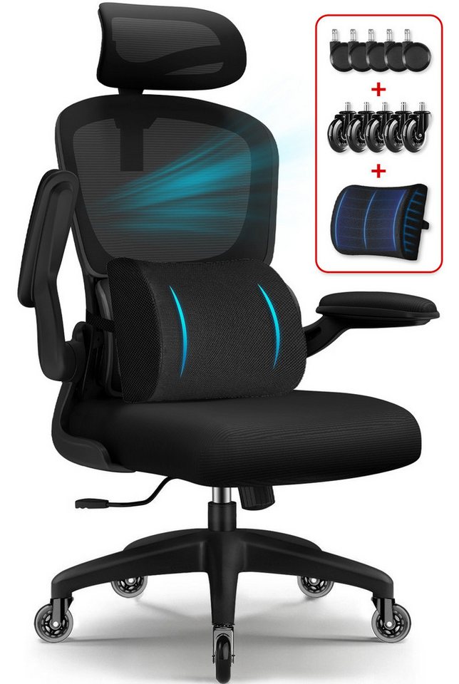 Homimaster Bürostuhl Bürostuhl, Schreibtischstuhl Ergonomisch mit Klappbaren Armlehnen (Bürostuhl mit Verstellbarer Kopfstütze, 90° Klappbare Armlehnen und Lendenwirbelstütze, Höhenverstellbarer Chefsessel aus Mesh), Bürostuhl mit maximaler Neigung von 135°, bis 150 kg belastbar von Homimaster