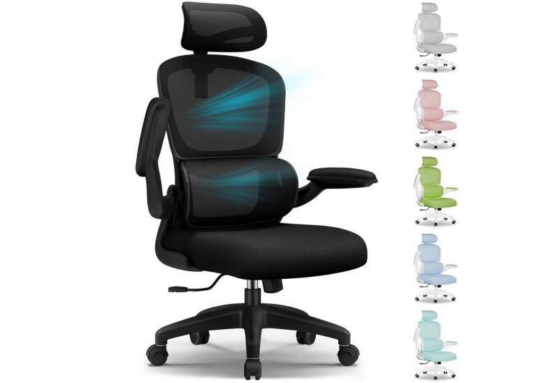 Homimaster Bürostuhl Bürostuhl, Schreibtischstuhl Ergonomisch mit Klappbaren Armlehnen (Bürostuhl mit Verstellbarer Kopfstütze, 90° Klappbare Armlehnen und Lendenwirbelstütze, Höhenverstellbarer Chefsessel aus Mesh), Bürostuhl mit maximaler Neigung von 135°, bis 150 kg belastbar von Homimaster