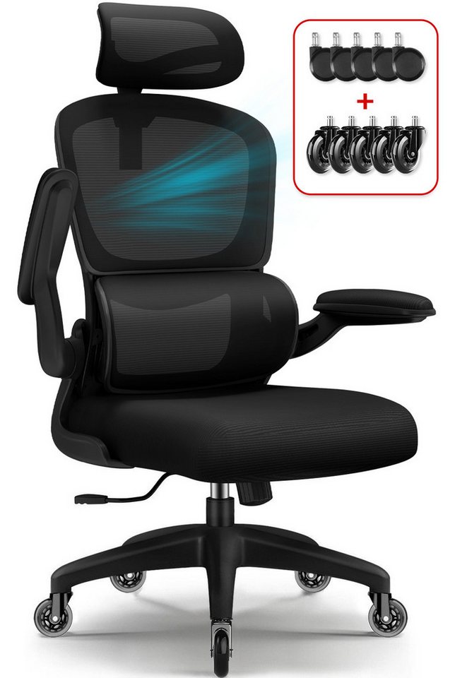 Homimaster Bürostuhl Bürostuhl, Schreibtischstuhl Ergonomisch mit Klappbaren Armlehnen (Bürostuhl mit Verstellbarer Kopfstütze, 90° Klappbare Armlehnen und Lendenwirbelstütze, Höhenverstellbarer Chefsessel aus Mesh), Bürostuhl mit maximaler Neigung von 135°, bis 150 kg belastbar von Homimaster