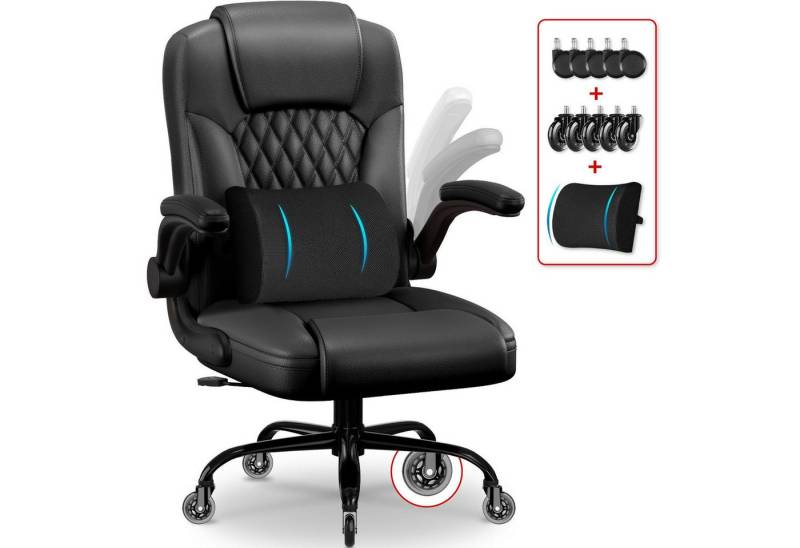 Homimaster Bürostuhl Ergonomisch, Kunstleder Schreibtischstuhl 90° Klappbaren Armlehnen (Schreibtisch Stuhl 90-120° Wippfunktion, Ergonomischer Bürostuhl mit Lendenwirbelstütze), Schreibstuhl Höhenverstellbar, 150kg Belastbar von Homimaster