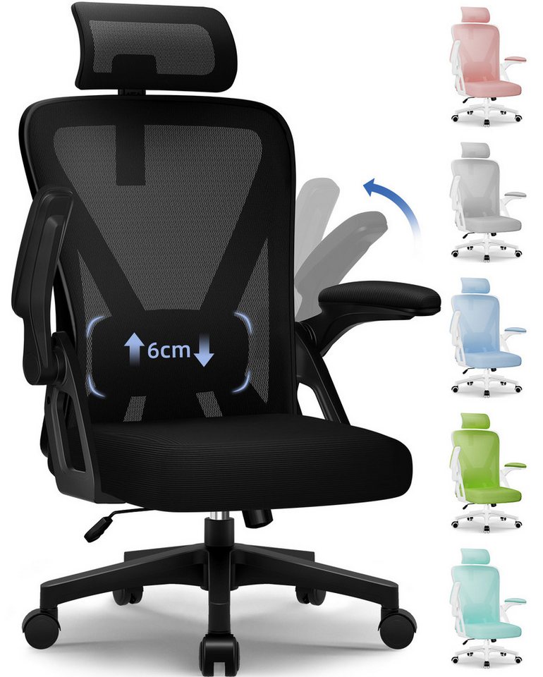 Homimaster Bürostuhl Ergonomischer Bürostuhl, Schreibtischstuhl mit Klappbaren Armlehnen (Bürostuhl mit Verstellbarer Kopfstütze,Armlehnen und Lendenwirbelstütze), Bürostuhl mit Wippfunktion bis 135°, Ergonomisch & Belastbar bis 150kg von Homimaster