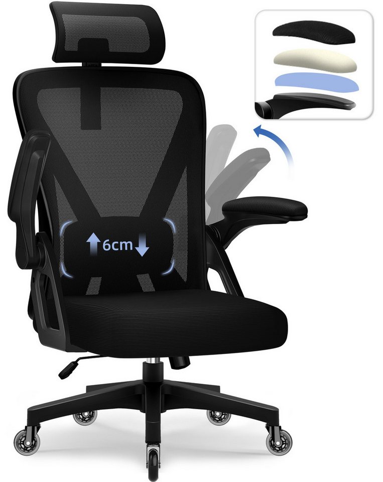 Homimaster Bürostuhl Ergonomischer Bürostuhl, Schreibtischstuhl mit Klappbaren Armlehnen (Bürostuhl mit Verstellbarer Kopfstütze,Armlehnen und Lendenwirbelstütze), Bürostuhl mit Wippfunktion bis 135°, Ergonomisch & Belastbar bis 150kg von Homimaster