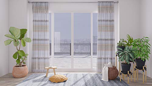 Homing halbtransparenter Vorhang weiß beige Natur | quergestreift modern Natur weiß Streifen | Wohnzimmer Kinderzimmer Schlafzimmer (1Stück) 245 x 140 cm (HxB) von Homing