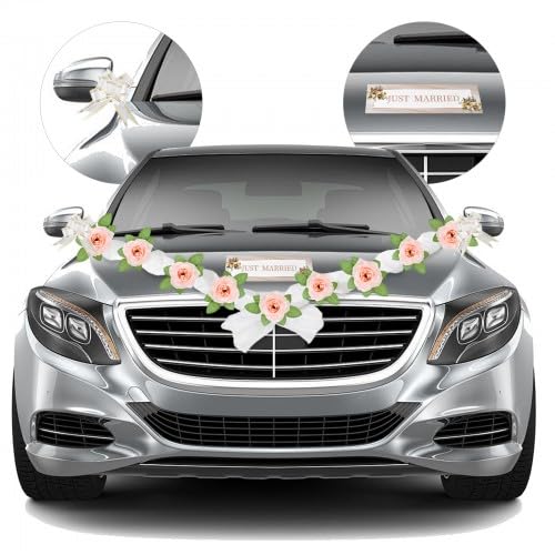 Autoschmuck Hochzeit Motorhaube Weiß, Autoschmuck Brautpaar Rose, Blumen Deko Auto Hochzeit, Blumenschmuck Auto Hochzeit, 11 Rosen mit Saugnäpfen, Wedding Decoration Auto (Rosa) von Homirty