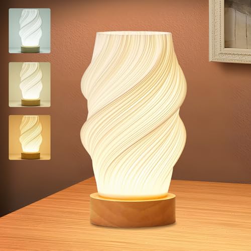 Holzsockel Nachttischlampe - 3 Modi & 9-Stufig Dimmbare LED Tischleuchte - Minimalistische Tischlampe mit Kabel für Schlafzimmer, Wohnzimmer, Nachttisch - Deko-Lampe mit Warmweiß/Kaltweiß Licht von Homirty