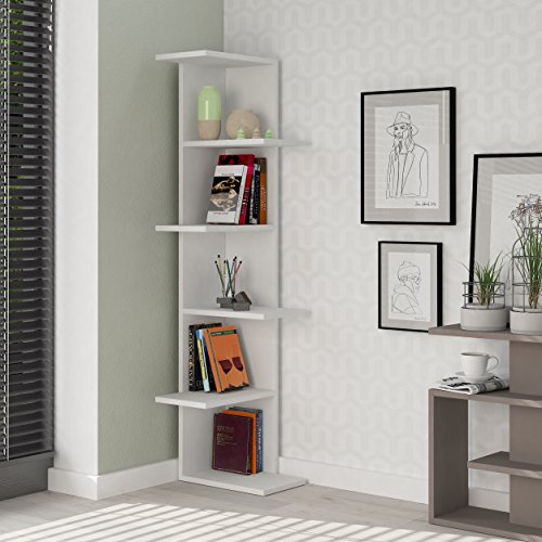 Homitis 5 Etagen Ecke Bücherregal – Licht Mokka, dunkle Eiche, und andere Optionen – Space Saver – Ecke Display Lagerung Organizer Bücherregal – 141 x 37 x 22 (cm) weiß von Hocuspicus