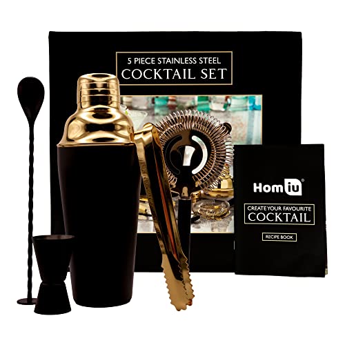 Homiu, Qualitatives Edelstahl Cocktail – Shaker Set (675ml) mit Schwarz-Gold Optik, 5- teilig inklusive Geschenkbox: Sieb, 2 Messbecher von Homiu