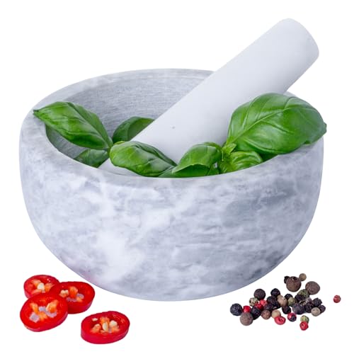 Homiu Marmor-Stößel und Mörser-Set | Premium Solid Stone Grinder Bowl | Kräutermühle Küche | Großer 15,5 cm Durchmesser | Ideal für Guacamole, Gewürze, Kräuter, Ingwer, Knoblauch Crusher von Homiu