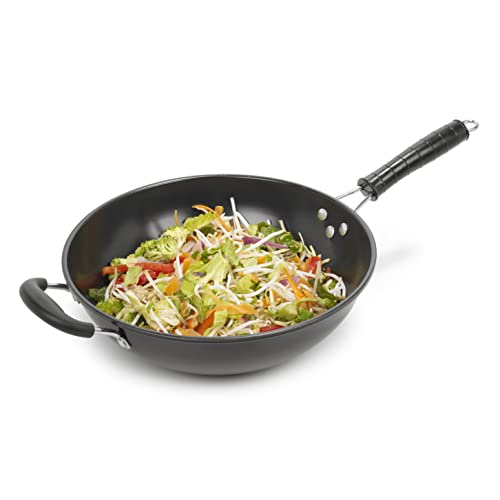 Homiu Wok Traditionelles Design mit 2 Griffen, antihaftbeschichtet, Bakelit-Griff, Karbonstahl, ideal zum Braten, 30 cm Durchmesser, Grau von Homiu